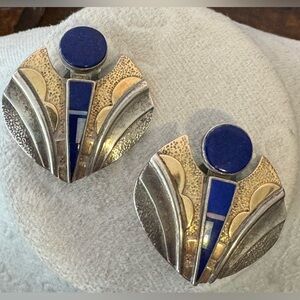 Vintage Ray Tracey Lapis/Opal 14K Gold and Sterling Silver Earrings
